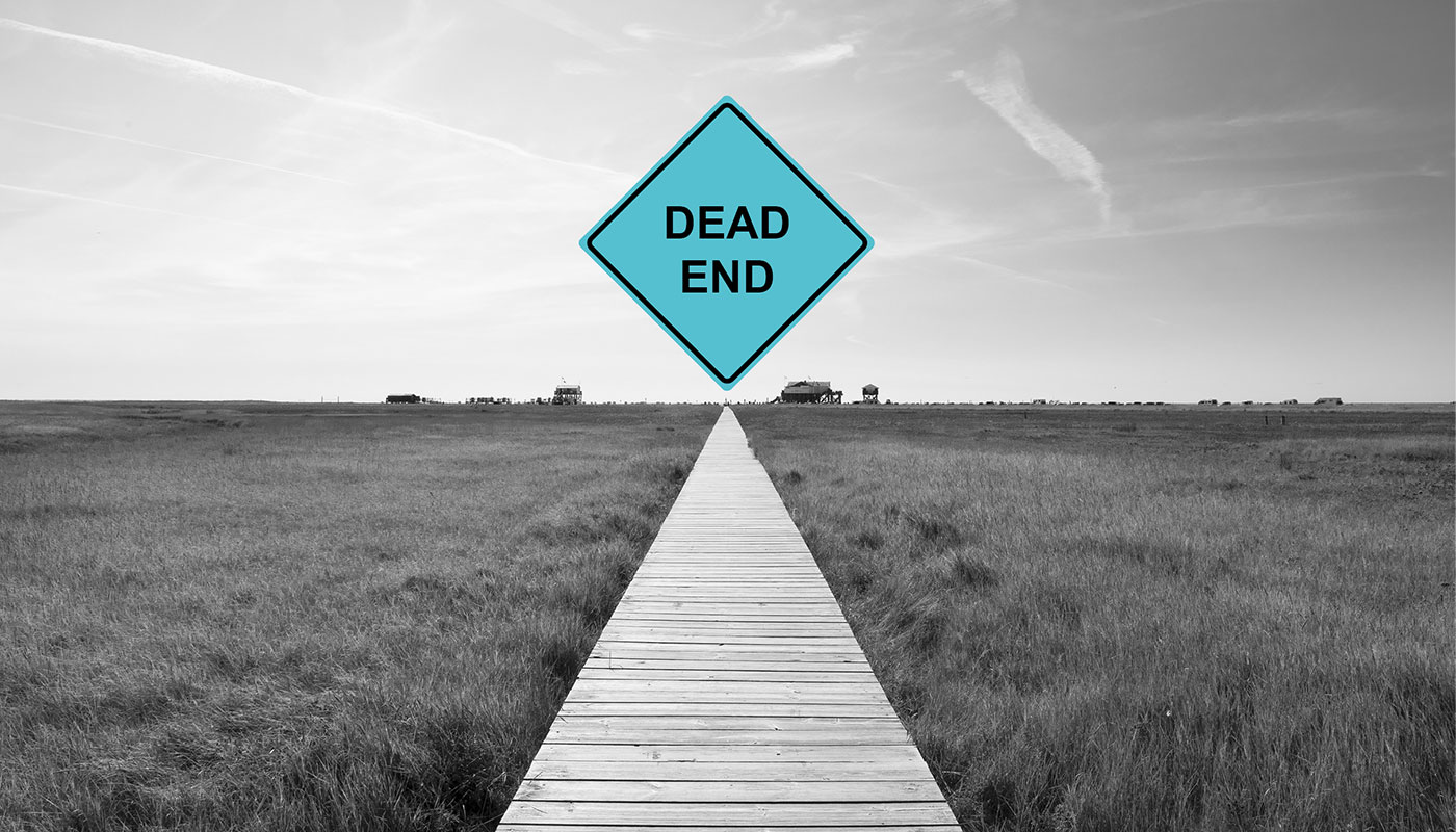 Holzsteg führt durch eine offene Landschaft auf ein türkisfarbenes Verkehrsschild mit der Aufschrift 'DEAD END' zu